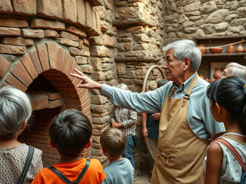 Image d’un guide expliquant l’histoire de la poterie à un groupe de visiteurs devant un four ancien, dans un décor patrimonial typique de la région de La Borne.