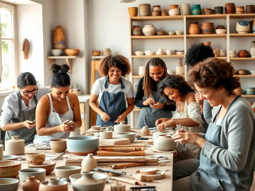 Photographie d’un groupe d’enfants et d’adultes autour d’une table, modelant l’argile lors d’un atelier de céramique animé par un artisan potier, dans une ambiance conviviale et lumineuse.